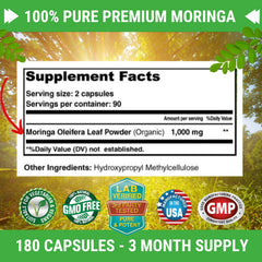 Fresh Healthcare Moringa capsules powder close-up highlights vibrant green moringa texture.