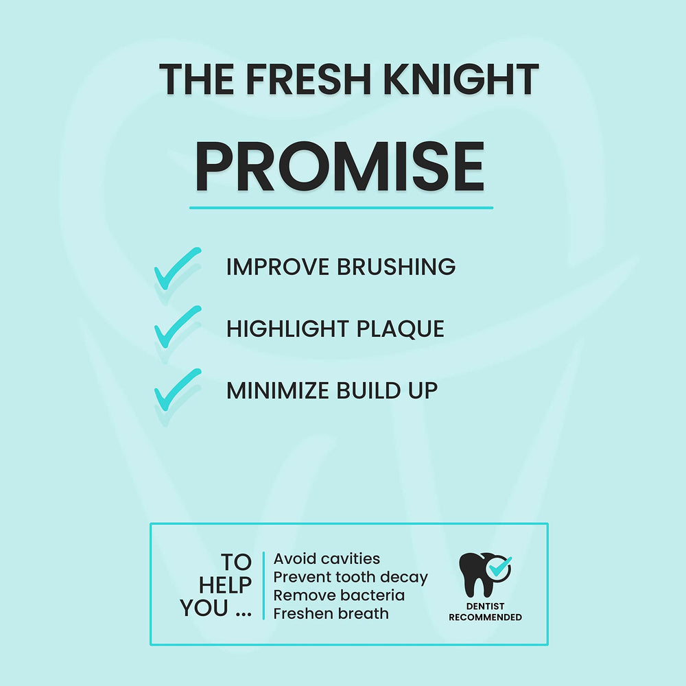 Purple stain on teeth shows plaque-prone areas after using Fresh Knight tablets