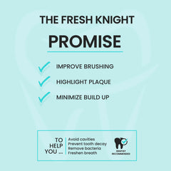 Purple stain on teeth shows plaque-prone areas after using Fresh Knight tablets