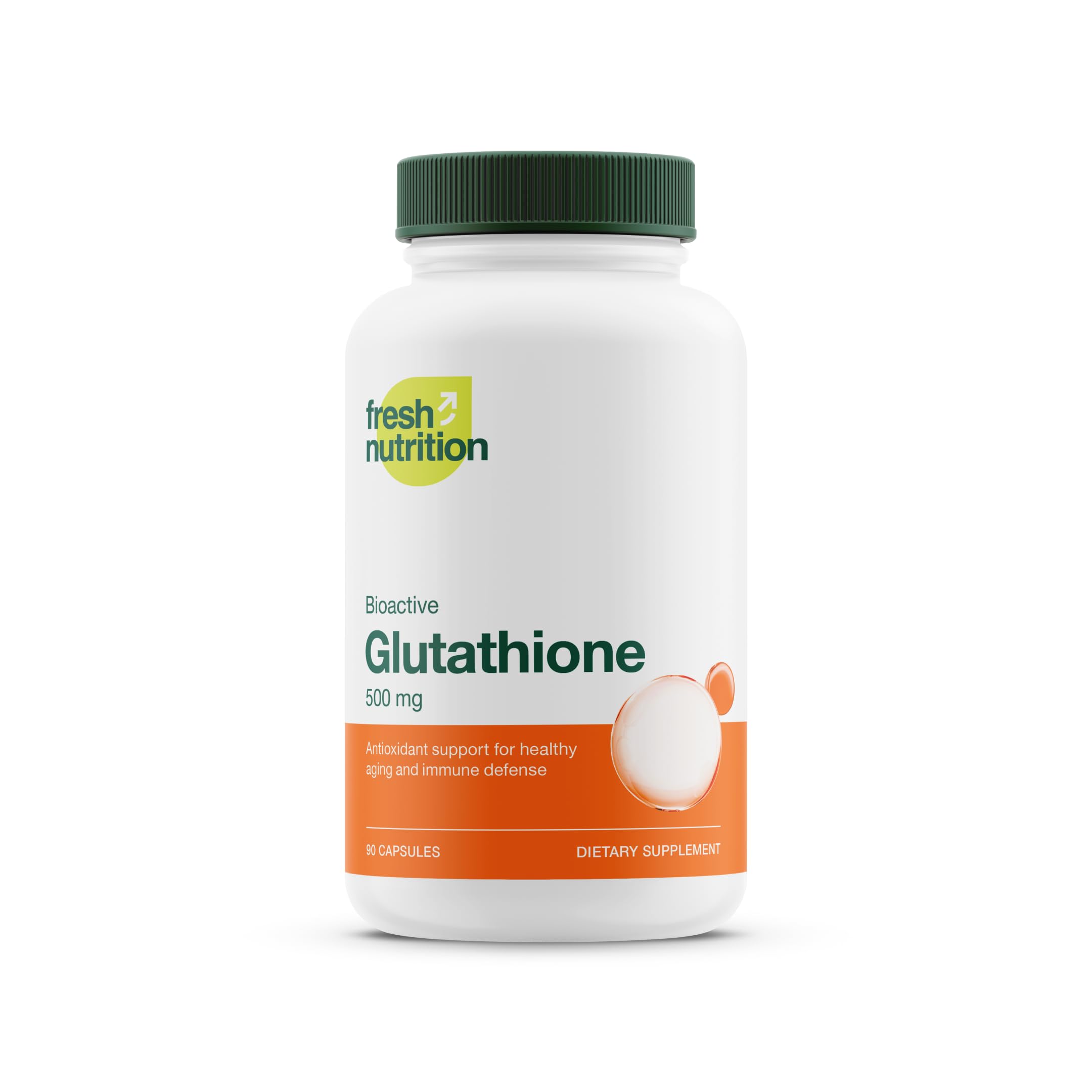 Fresh Nutrition glutathione bottle front showing vegan and gluten‑free packaging.