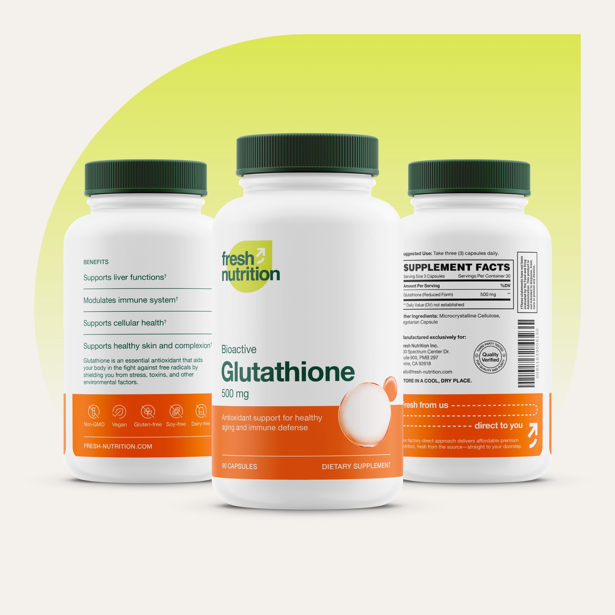 Fresh Nutrition glutathione capsules with vegan claim on packaging