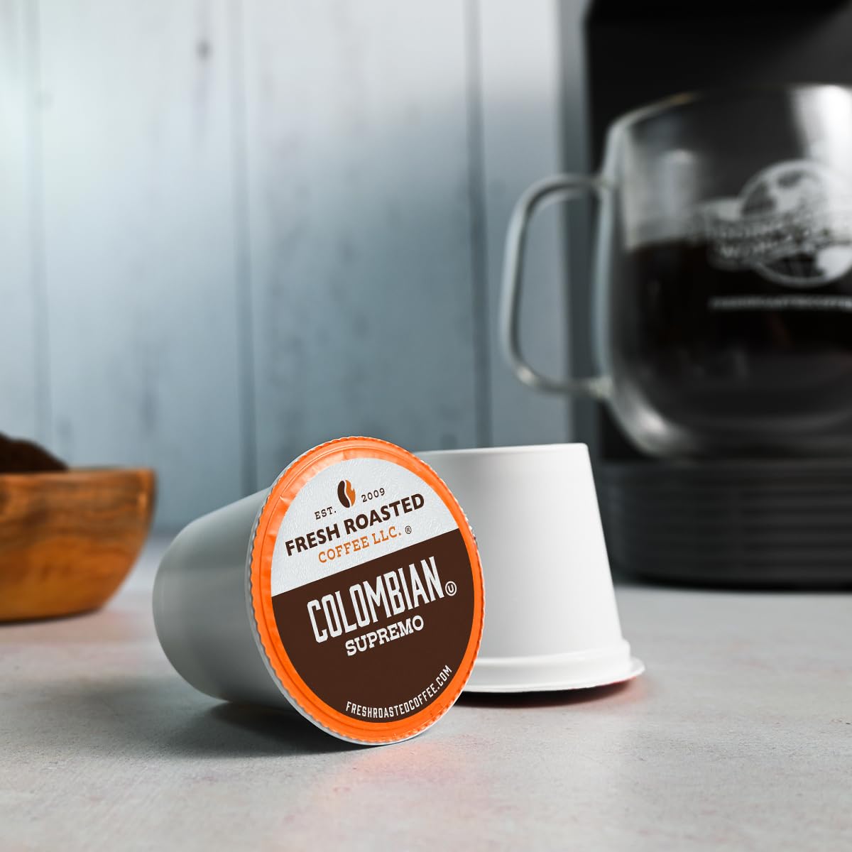 Fresh Roasted Coffee 96-pod box emphasizing convenient Keurig compatibility.