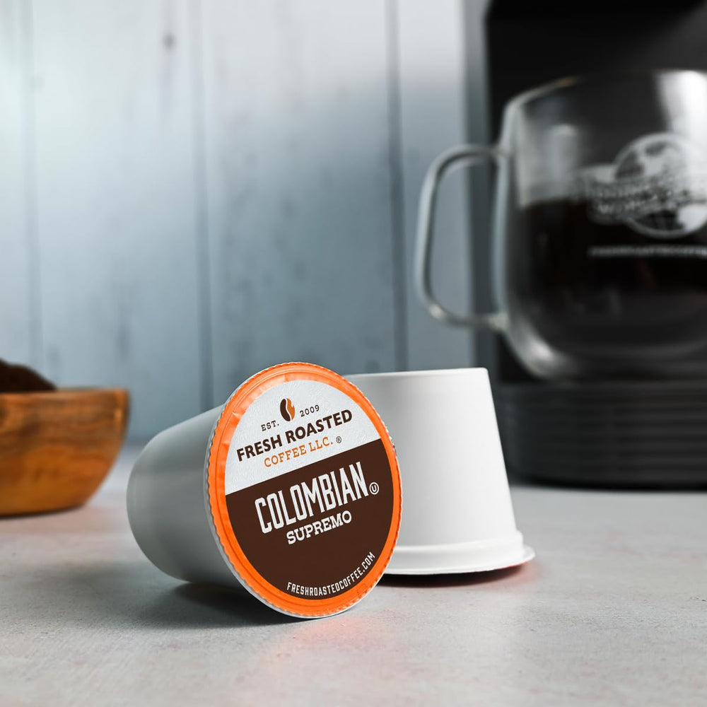 Fresh Roasted Coffee 96-pod box emphasizing convenient Keurig compatibility.