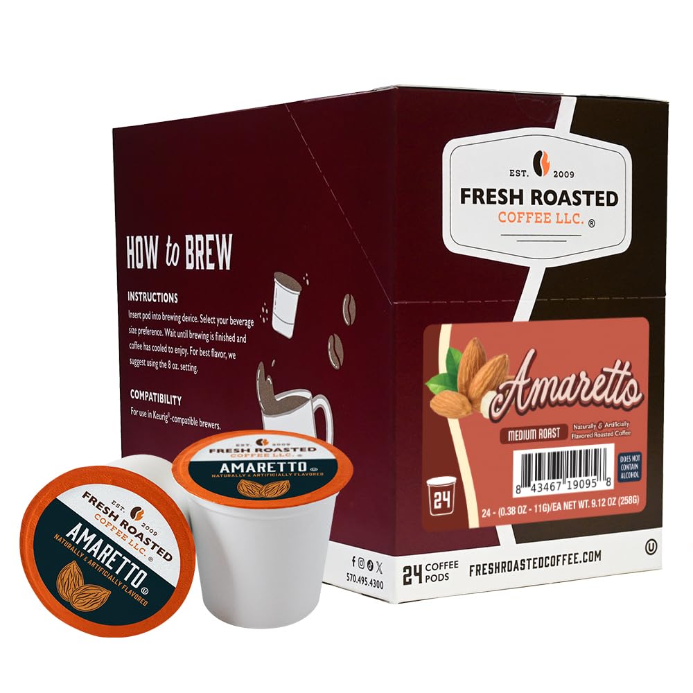 Fresh Roasted Coffee Amaretto pods box front shows flavor profile and single-serve convenience.