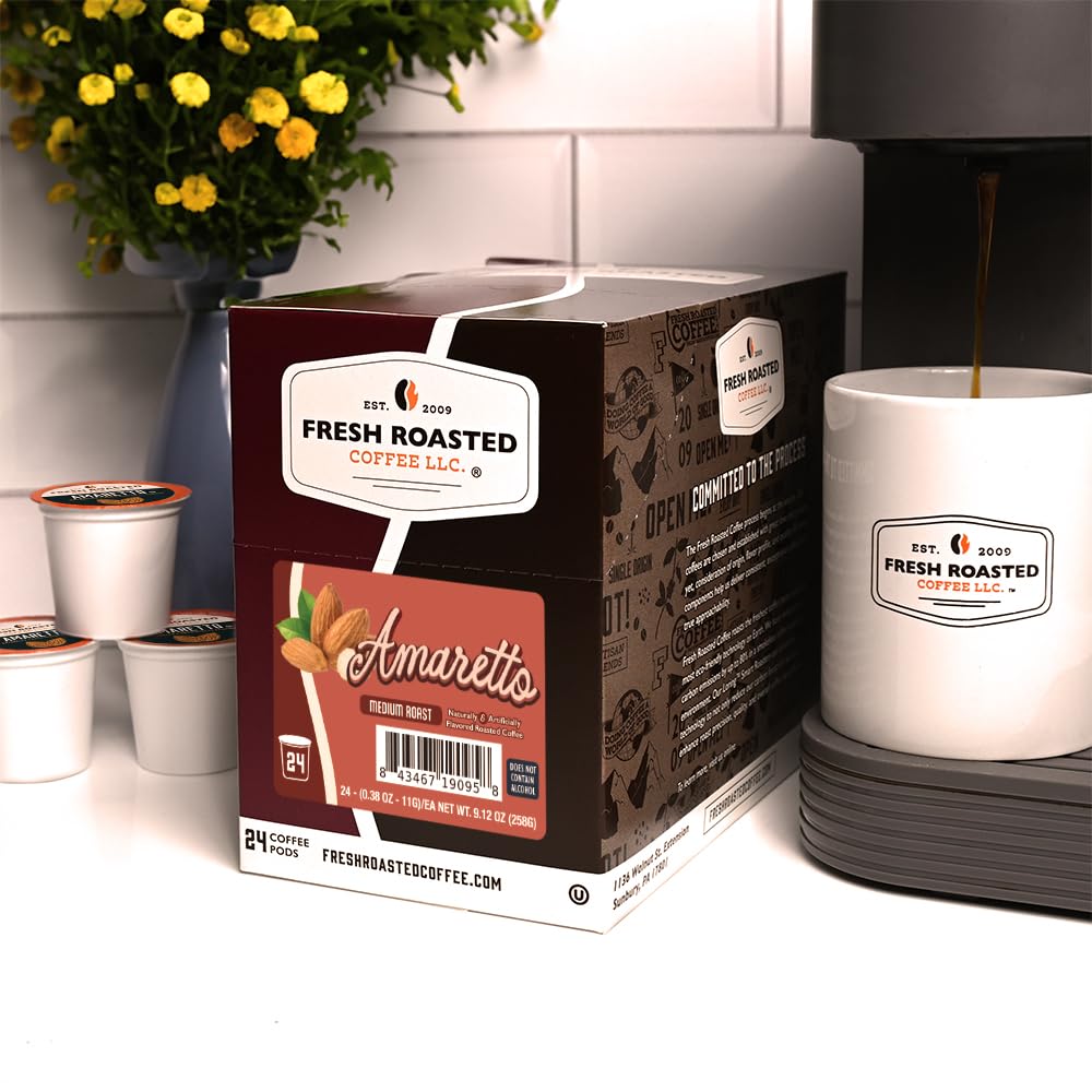 Fresh Roasted Coffee Amaretto pods box shows K-Cup compatibility for effortless brewing.
