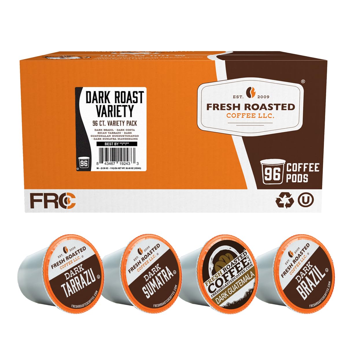 Fresh Roasted Coffee dark roast variety pack pods in a box for easy home brewing.