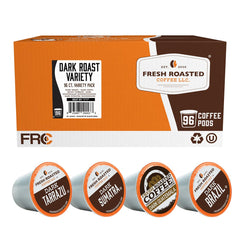Fresh Roasted Coffee dark roast variety pack pods in a box for easy home brewing.
