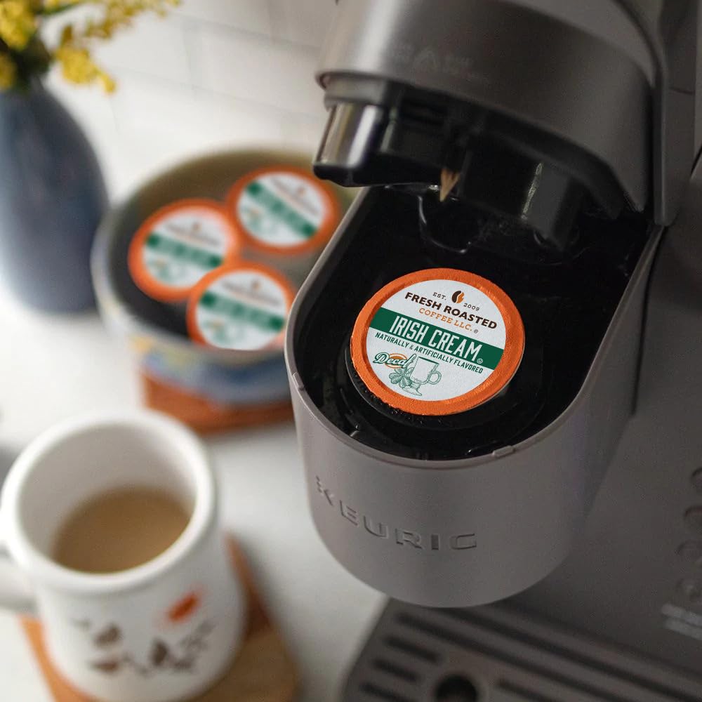 Fresh Roasted Coffee decaf flavored pod packaging shown.