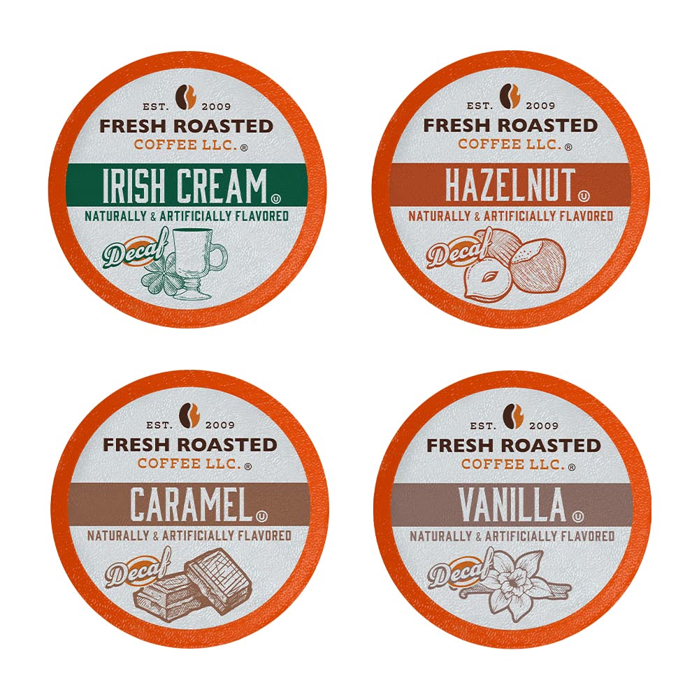 Fresh Roasted Coffee decaf flavored pods variety pack for caffeine-free tasting.