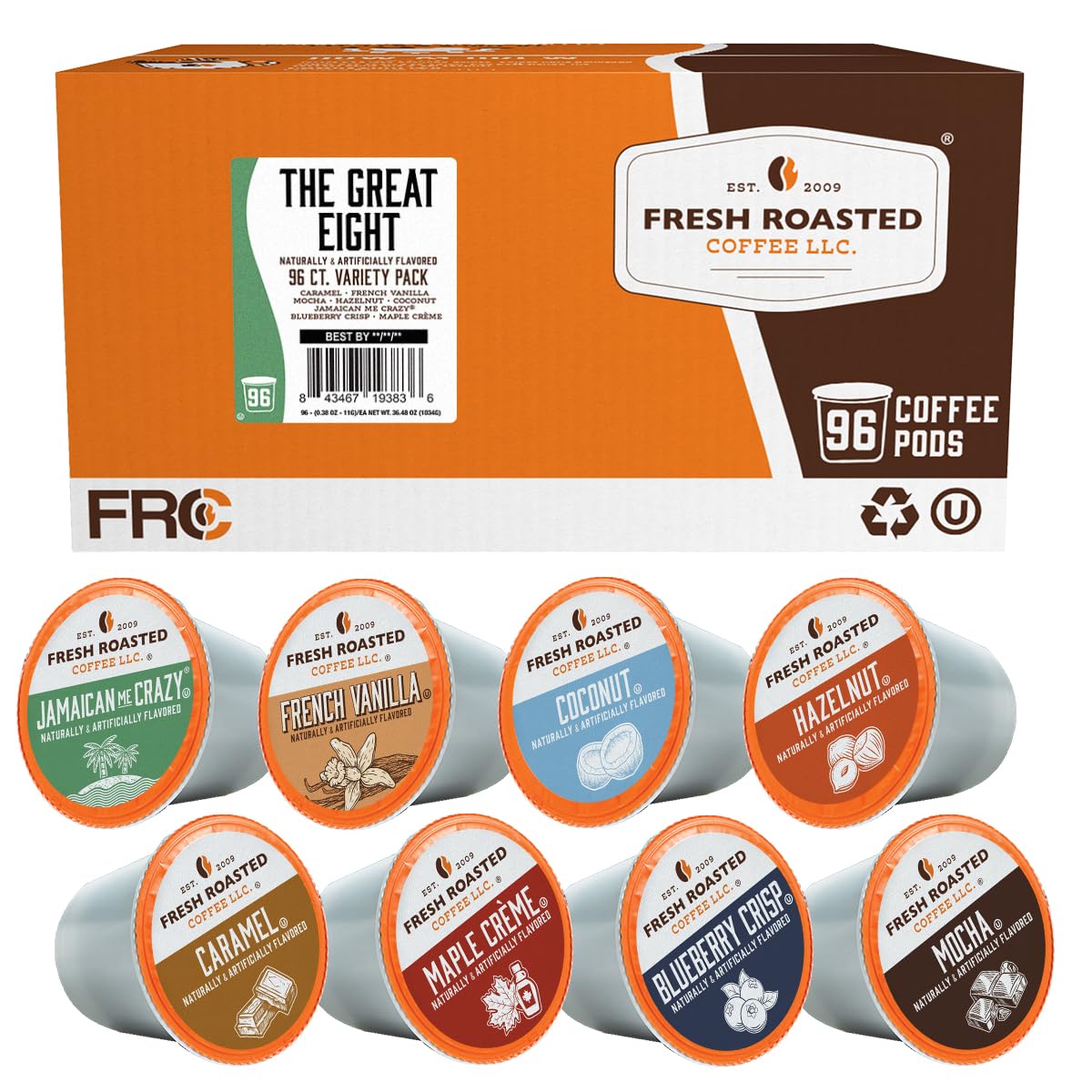 Fresh Roasted Coffee Great Eight front pack display for convenient flavor variety.