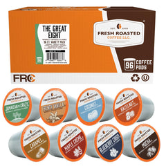 Fresh Roasted Coffee Great Eight front pack display for convenient flavor variety.