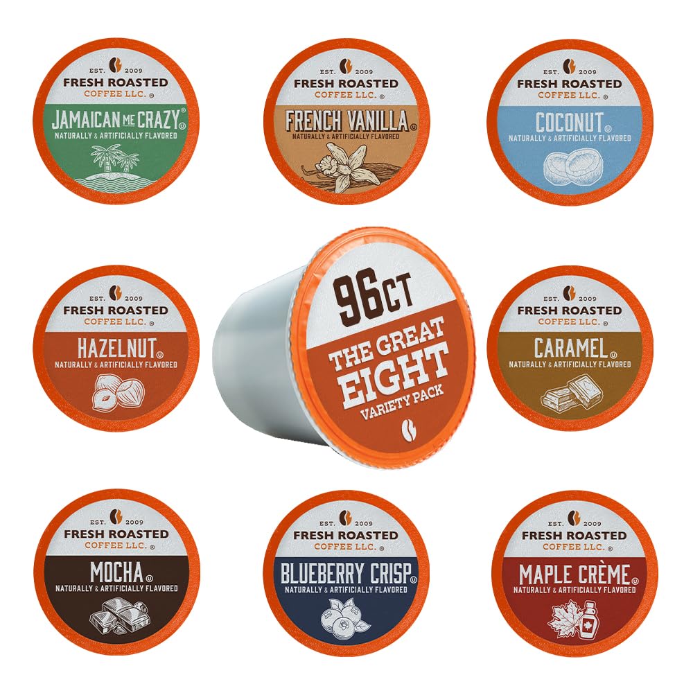 Fresh Roasted Coffee Great Eight variety display highlighting a sampler for busy mornings.