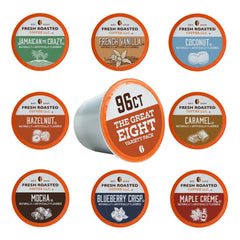 Fresh Roasted Coffee Great Eight variety display highlighting a sampler for busy mornings.