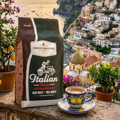 Fresh Roasted Coffee Italian Roast dark beans close-up, ideal for rich espresso