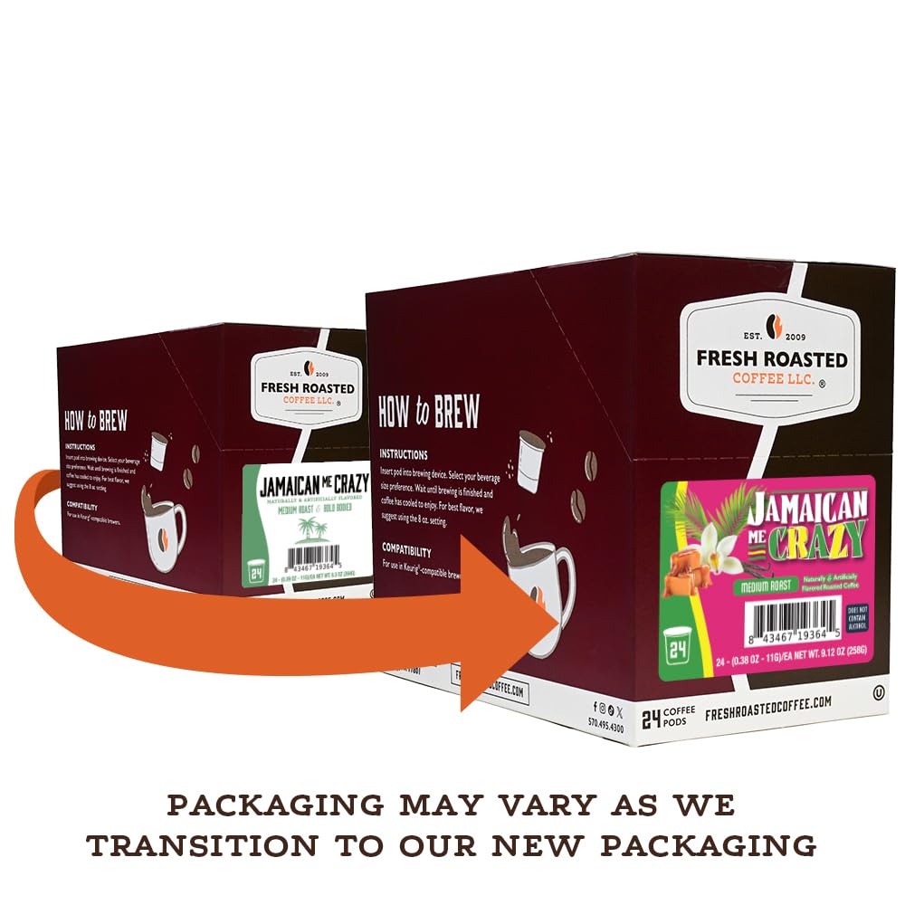 Fresh Roasted Coffee Jamaican Me Crazy packaging showing convenient single-serve pods for quick mornings.