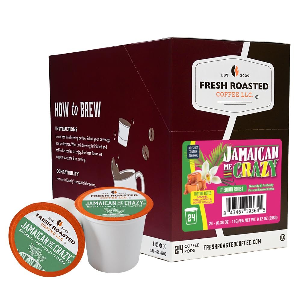 Fresh Roasted Coffee Jamaican Me Crazy pod with bold vanilla caramel aroma for a flavorful start.