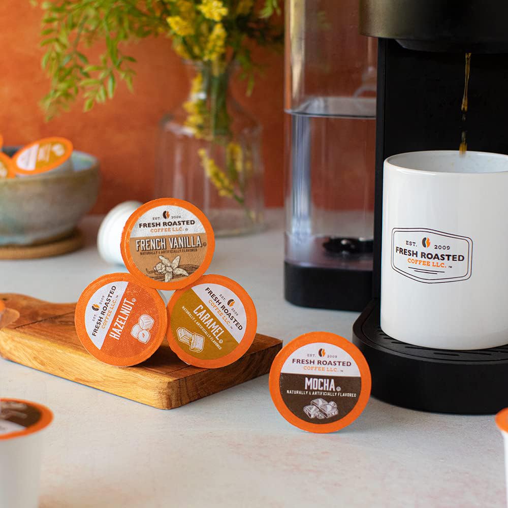 Fresh Roasted Coffee pods in cup brew shot demonstrates fast, consistent coffee at home.