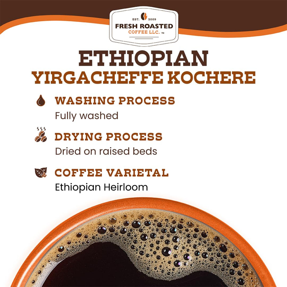 Fresh Roasted Coffee sustainability badge reflects eco-friendly roasting and packaging.