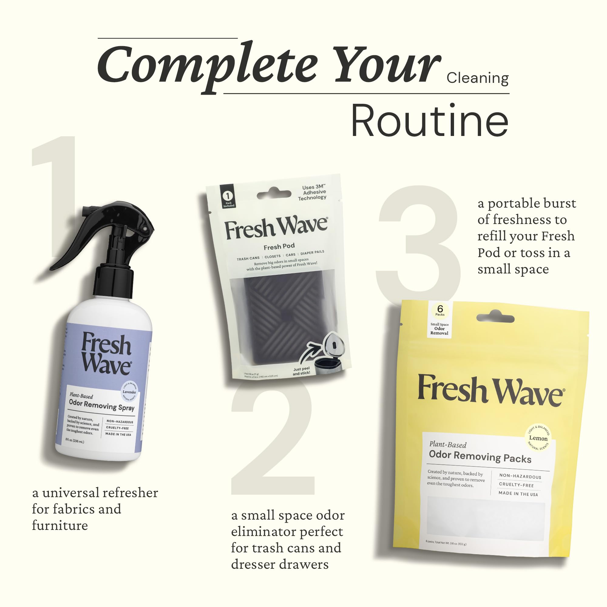 Fresh Wave carpets and shoes spray enhances home freshness.