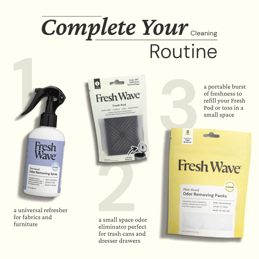 Fresh Wave carpets and shoes spray enhances home freshness.