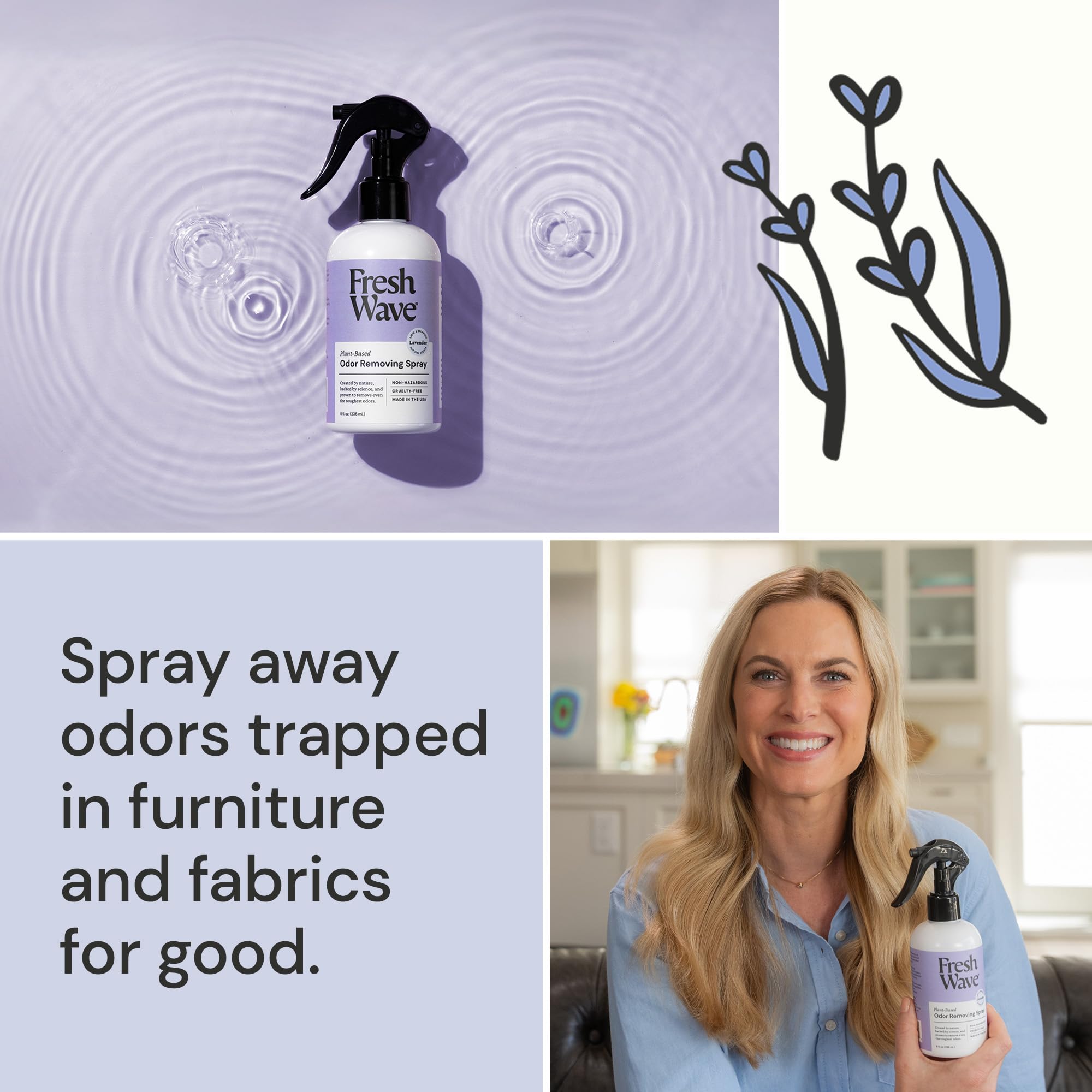 Fresh Wave fabric spray on fabrics delivers swift odor neutralization.