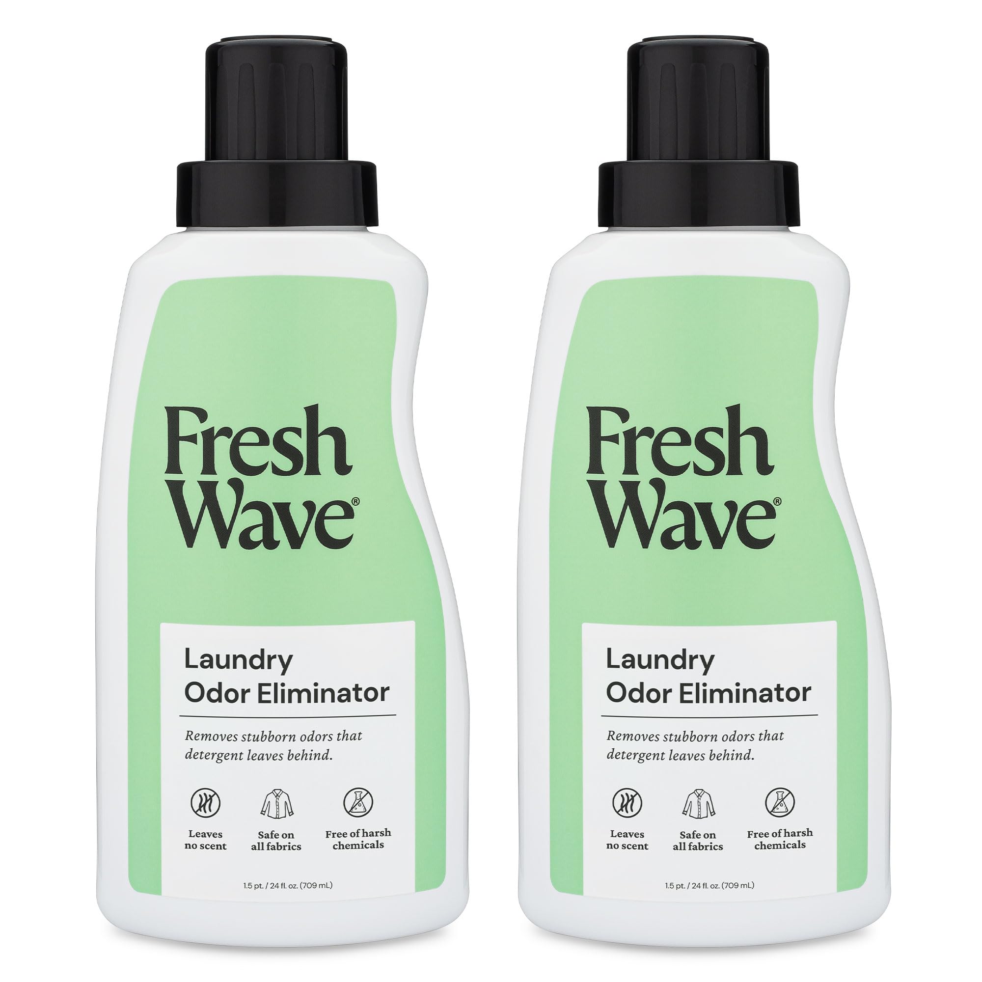 Fresh Wave Laundry Booster bottle pouring into washer to neutralize odors