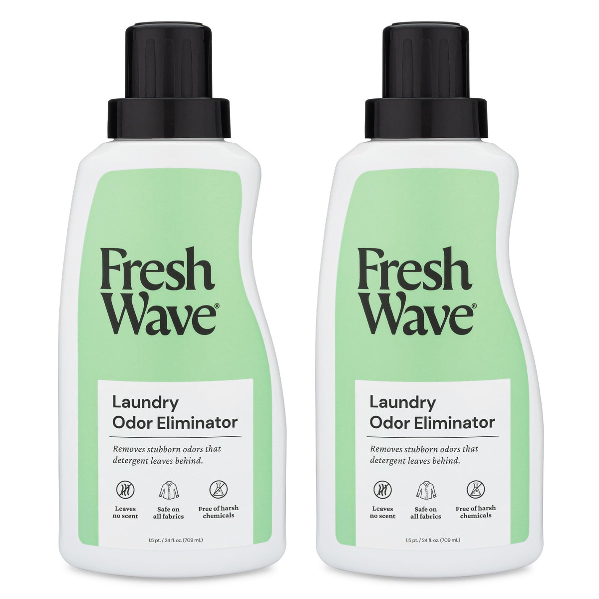 Fresh Wave Laundry Booster bottle pouring into washer to neutralize odors