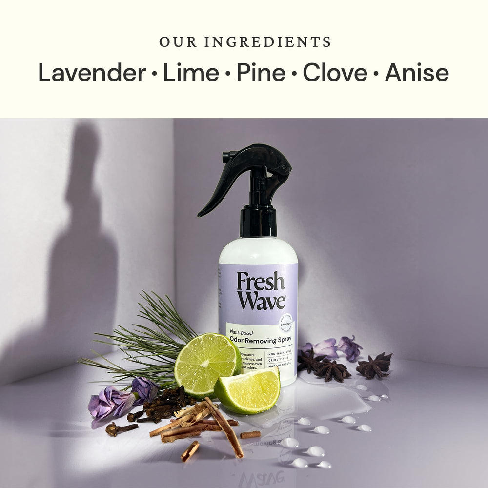 Fresh Wave Lavender essence drops illustrate calming aroma for room freshness.