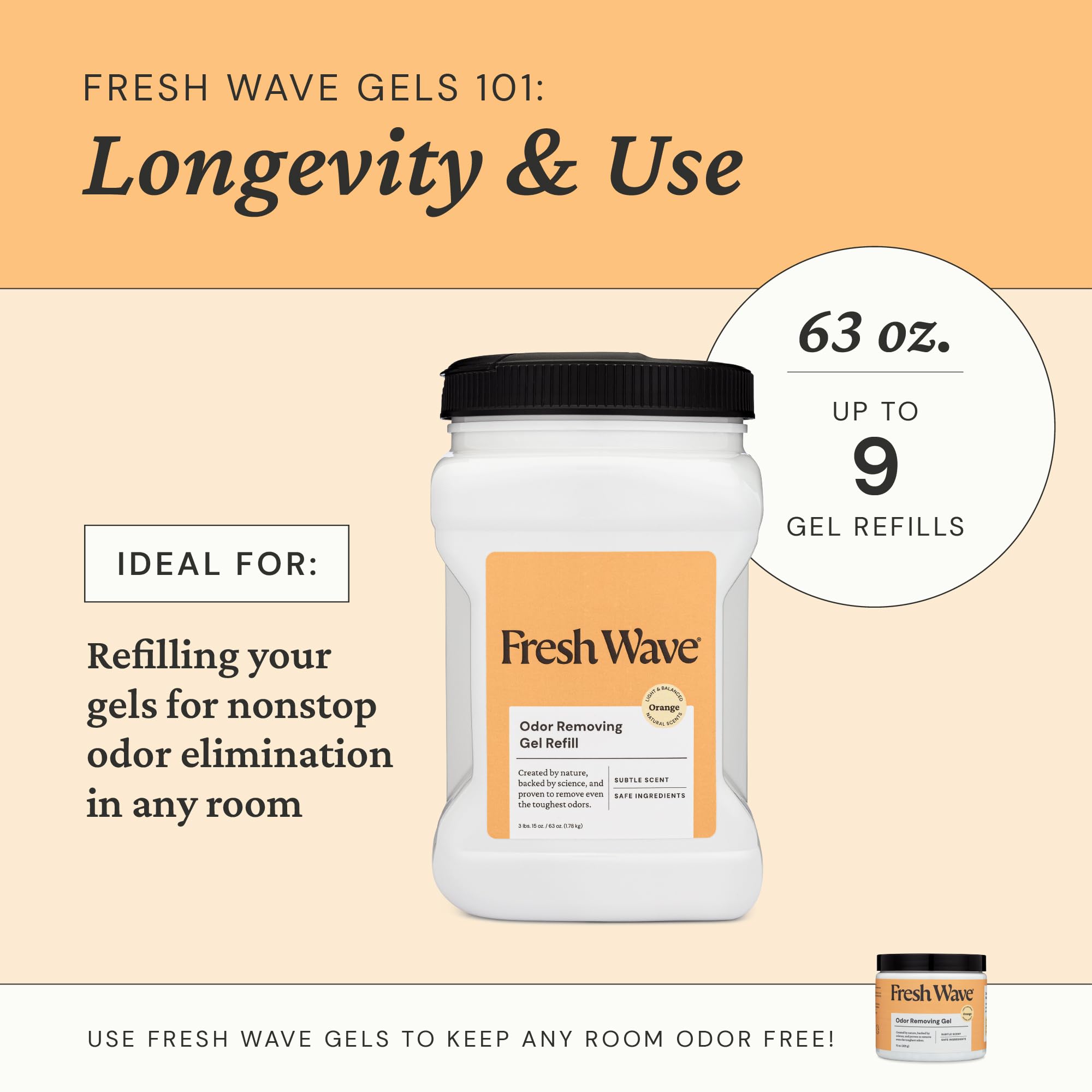 Fresh Wave Orange odor removal without masking scents, using plant-based ingredients.