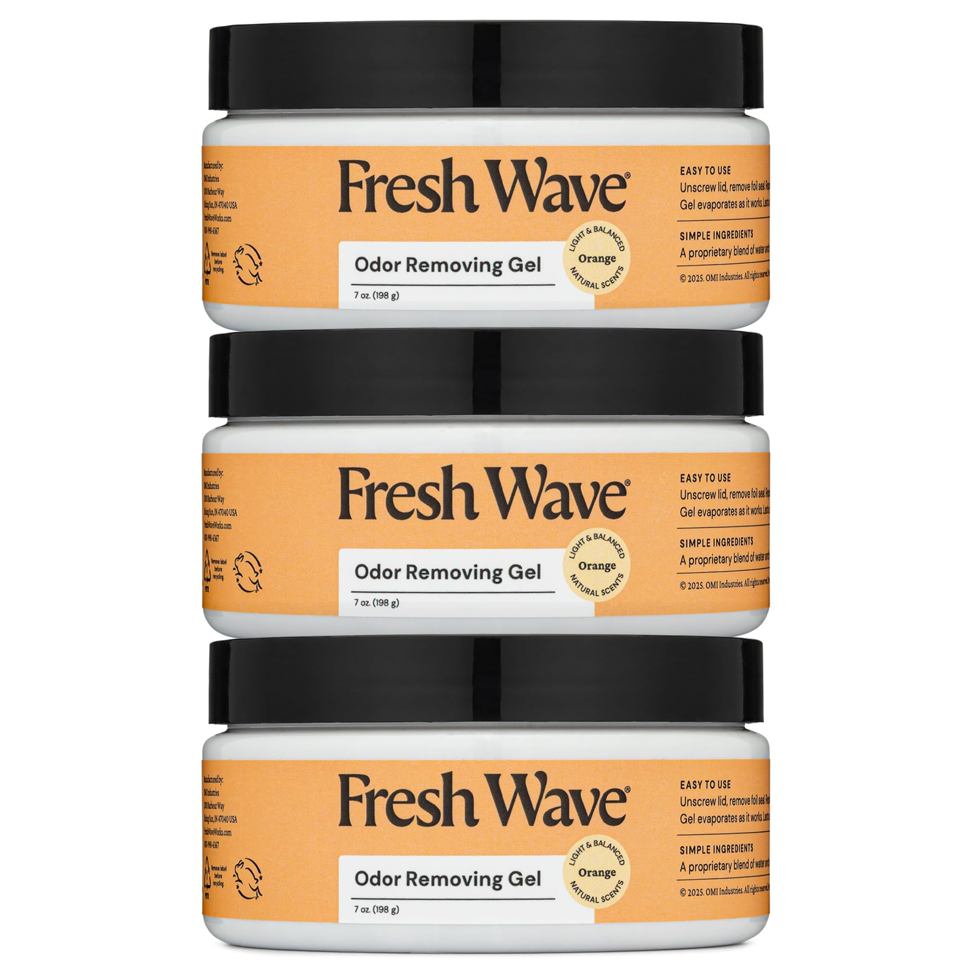 Fresh Wave Orange Odor Removing Gel 7oz pack of 3 on a shelf absorbs odors