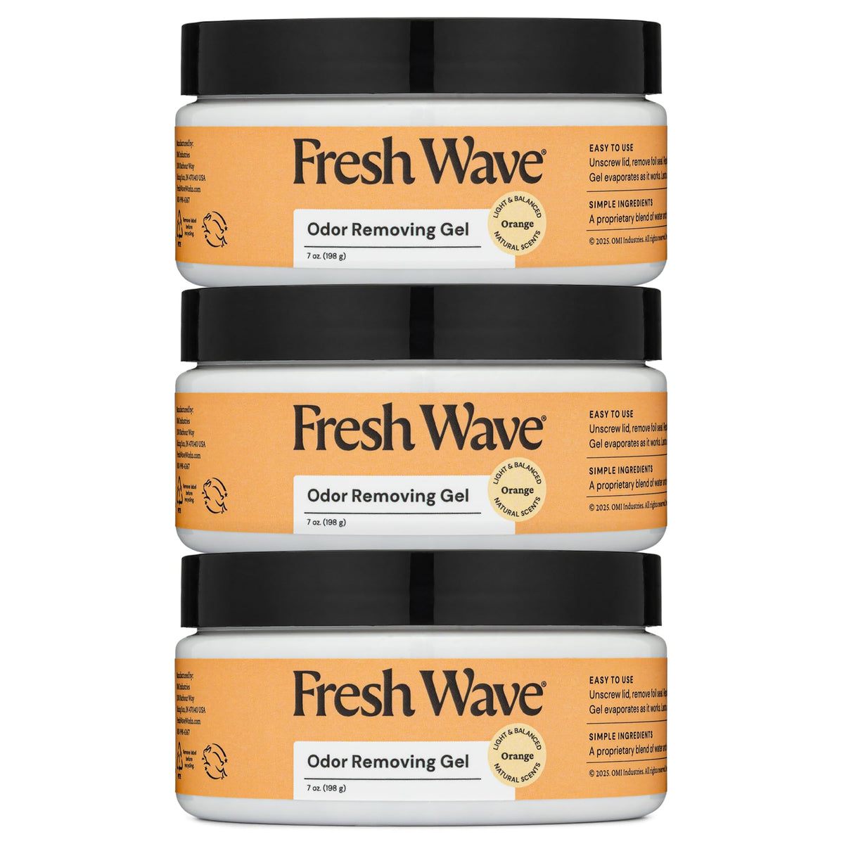 Fresh Wave Orange Odor Removing Gel 7oz pack of 3 on a shelf absorbs odors