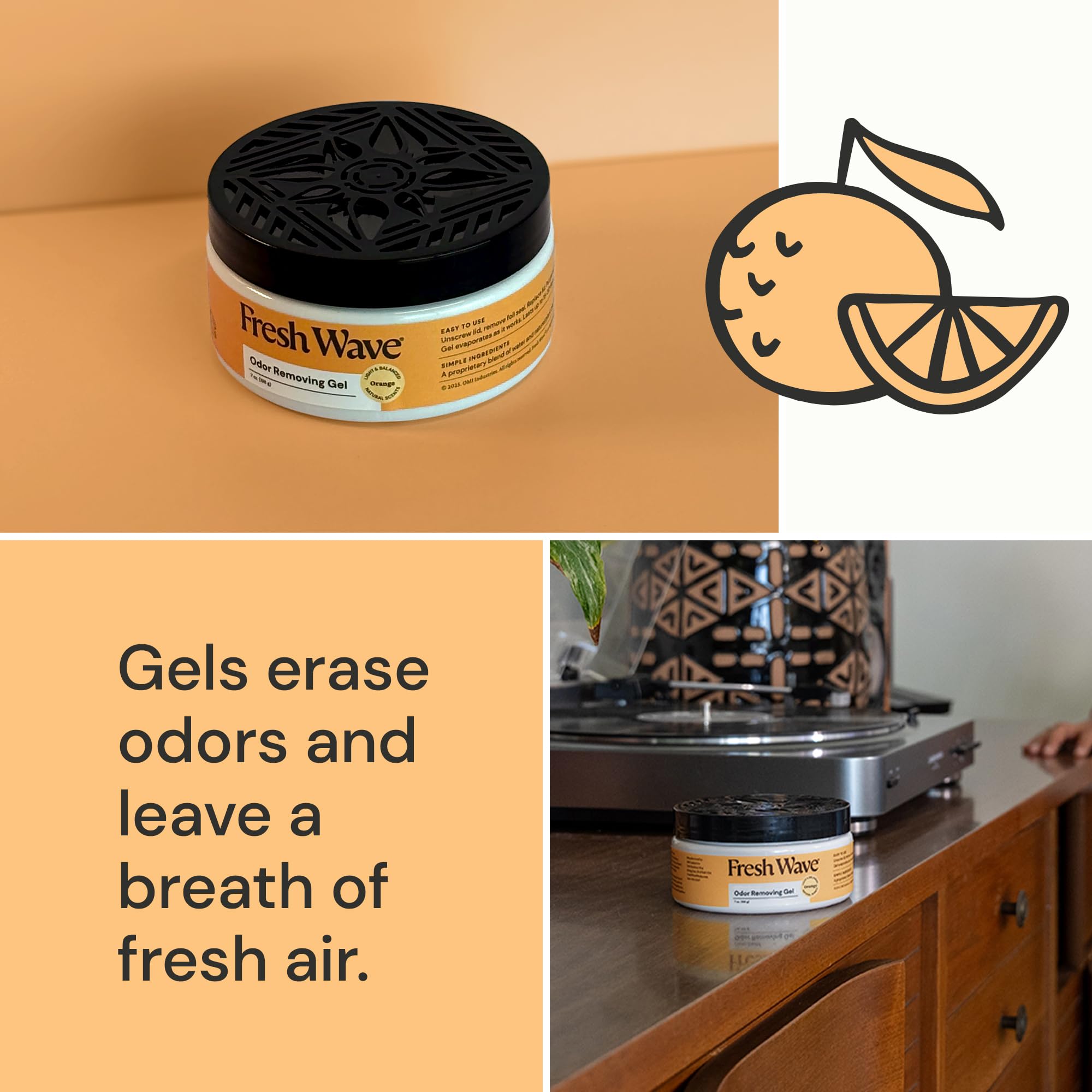 Fresh Wave Orange Odor Removing Gel on kitchen shelf neutralizes odors