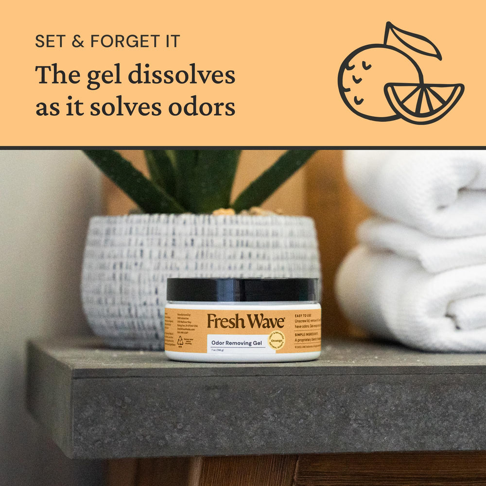 Fresh Wave Orange Odor Removing Gel in living room setup for continual odor control