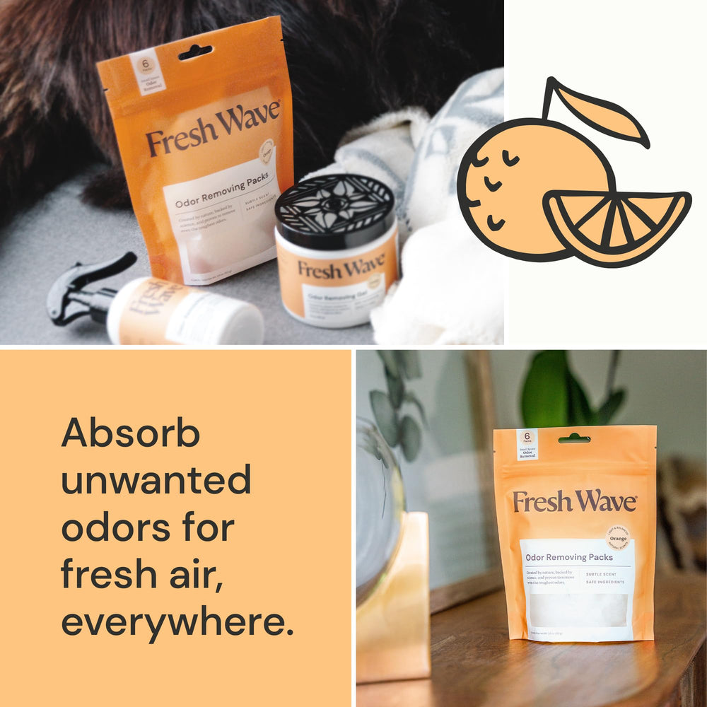 Fresh Wave orange pack placed in a drawer demonstrates space-saving placement.