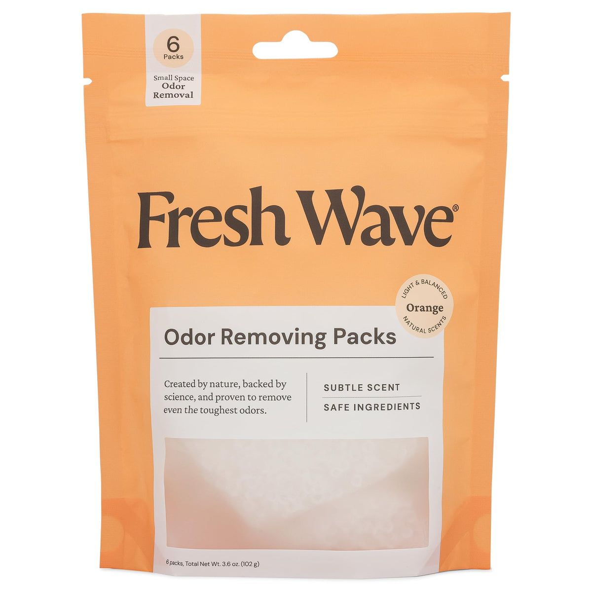 Fresh Wave orange pack front view shows compact odor-eliminating sachets.