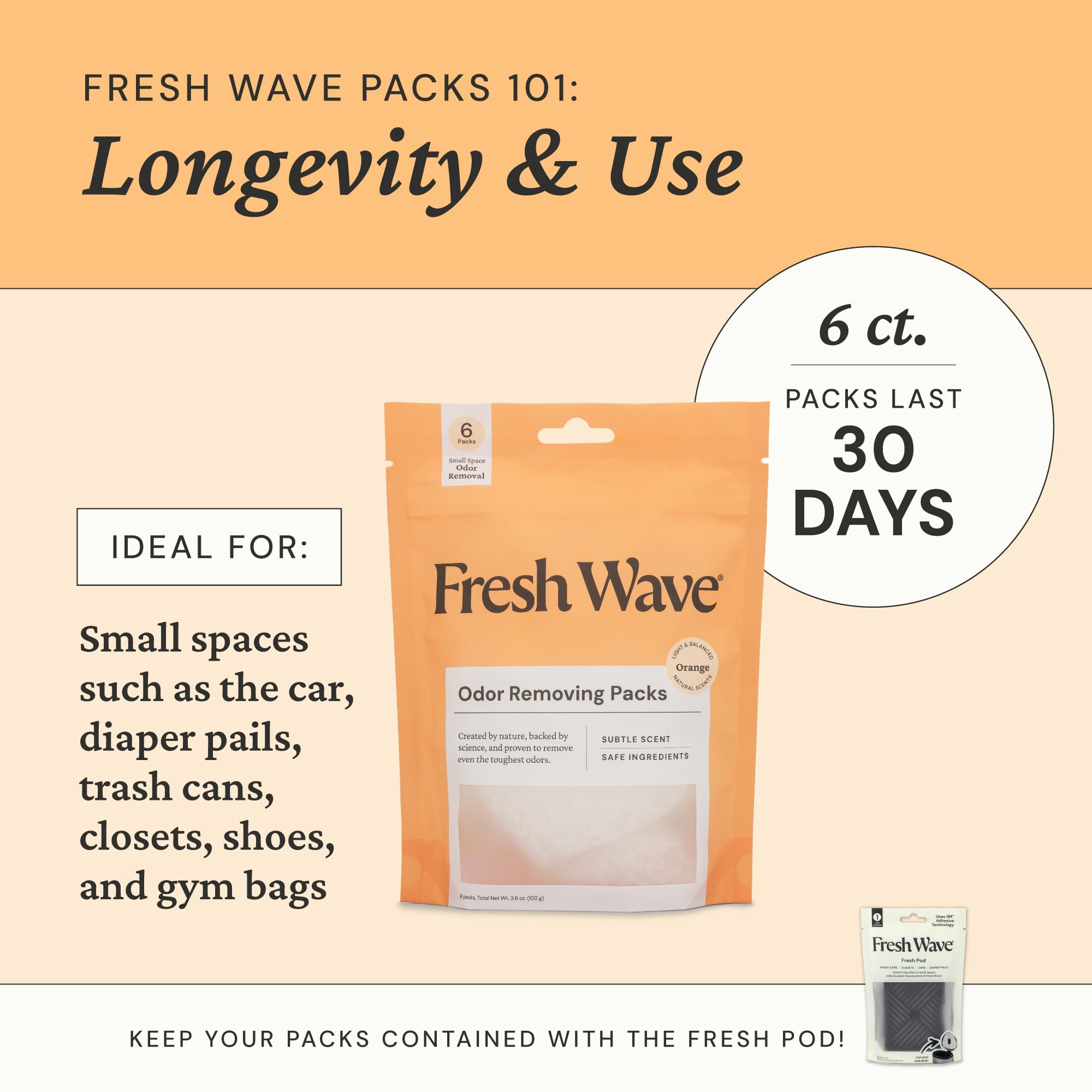 Fresh Wave orange pack packaging design shown on a shelf emphasizes compact storage.