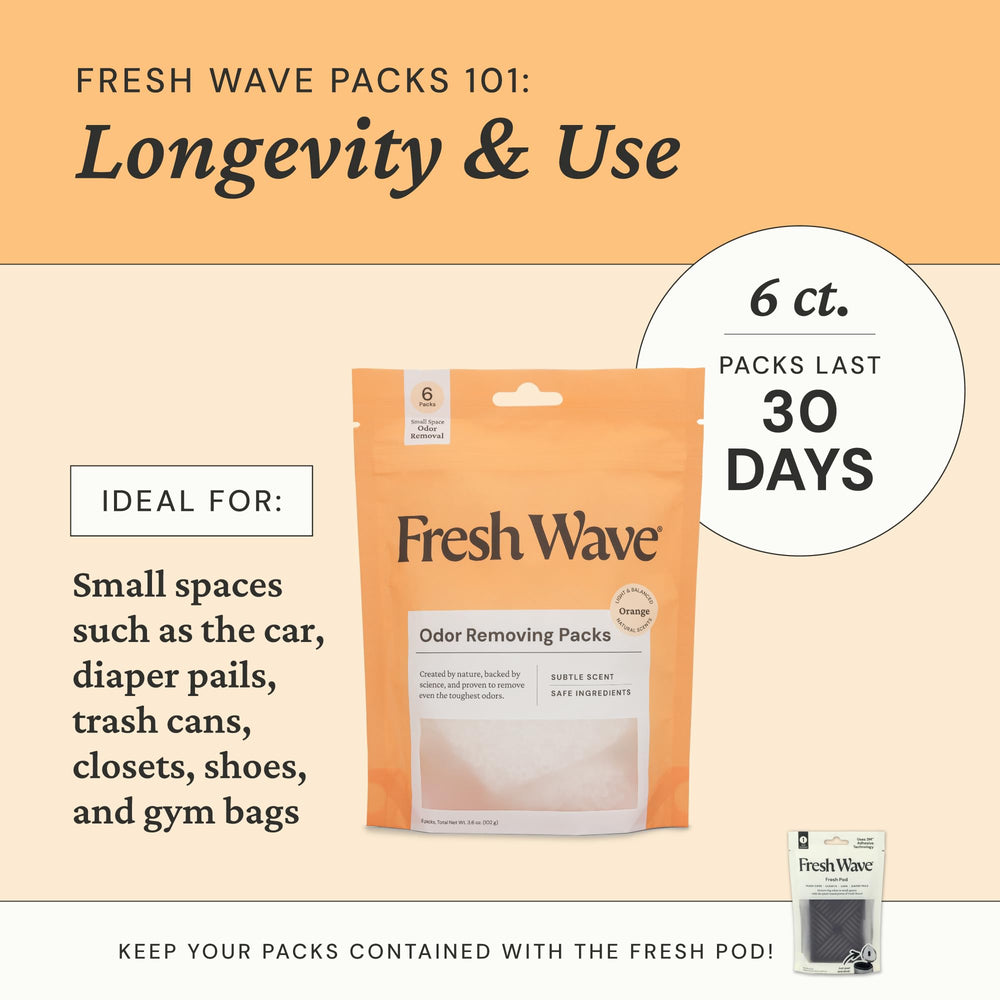 Fresh Wave orange pack packaging design shown on a shelf emphasizes compact storage.