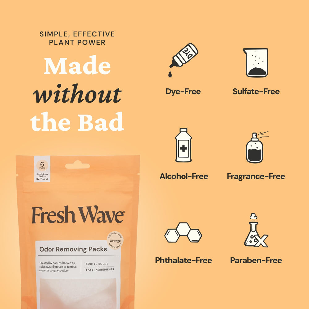 Fresh Wave orange pack in pantry demonstrates kitchen odor management.