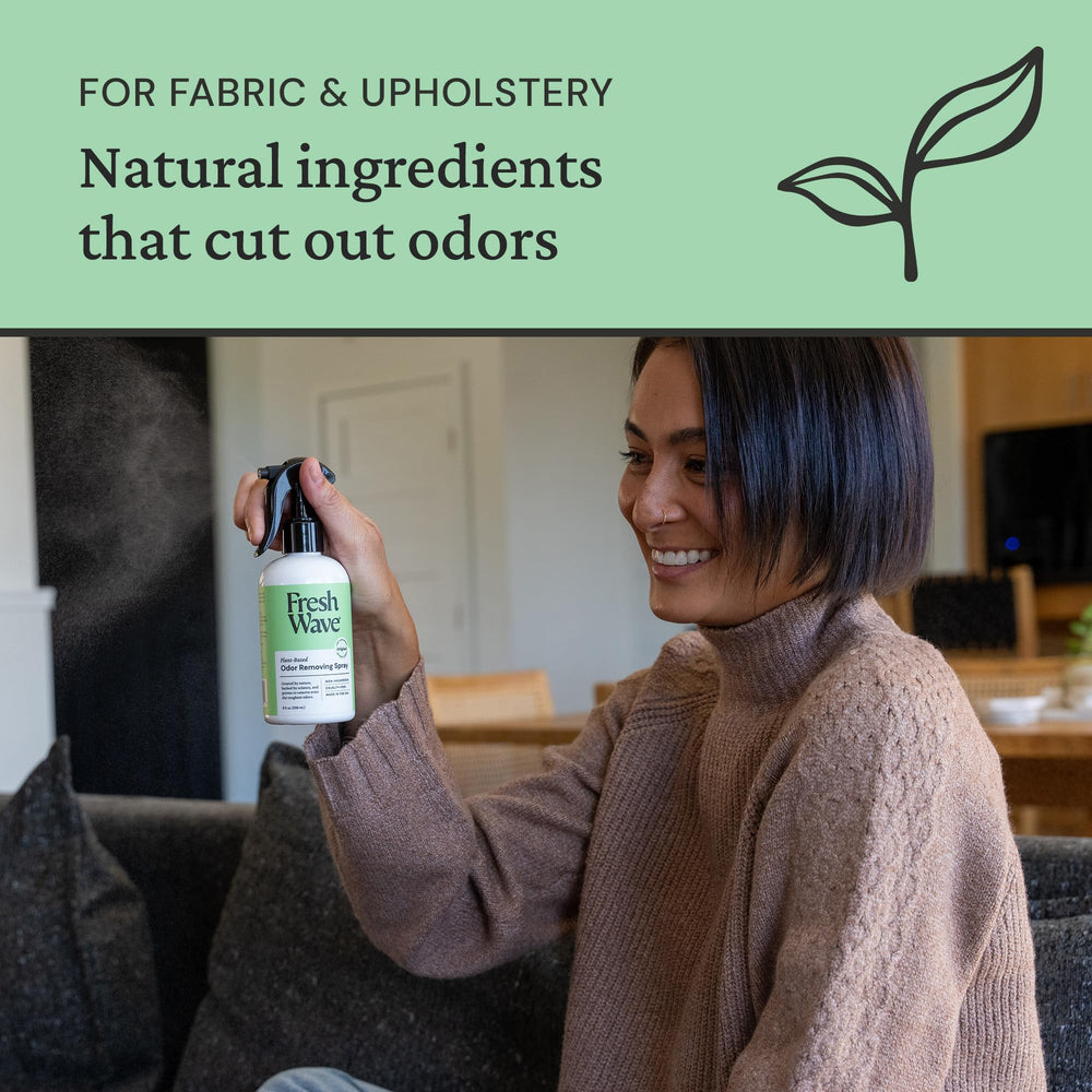 Fresh Wave Original Scent spray shown on curtains and carpets for renewed atmosphere.