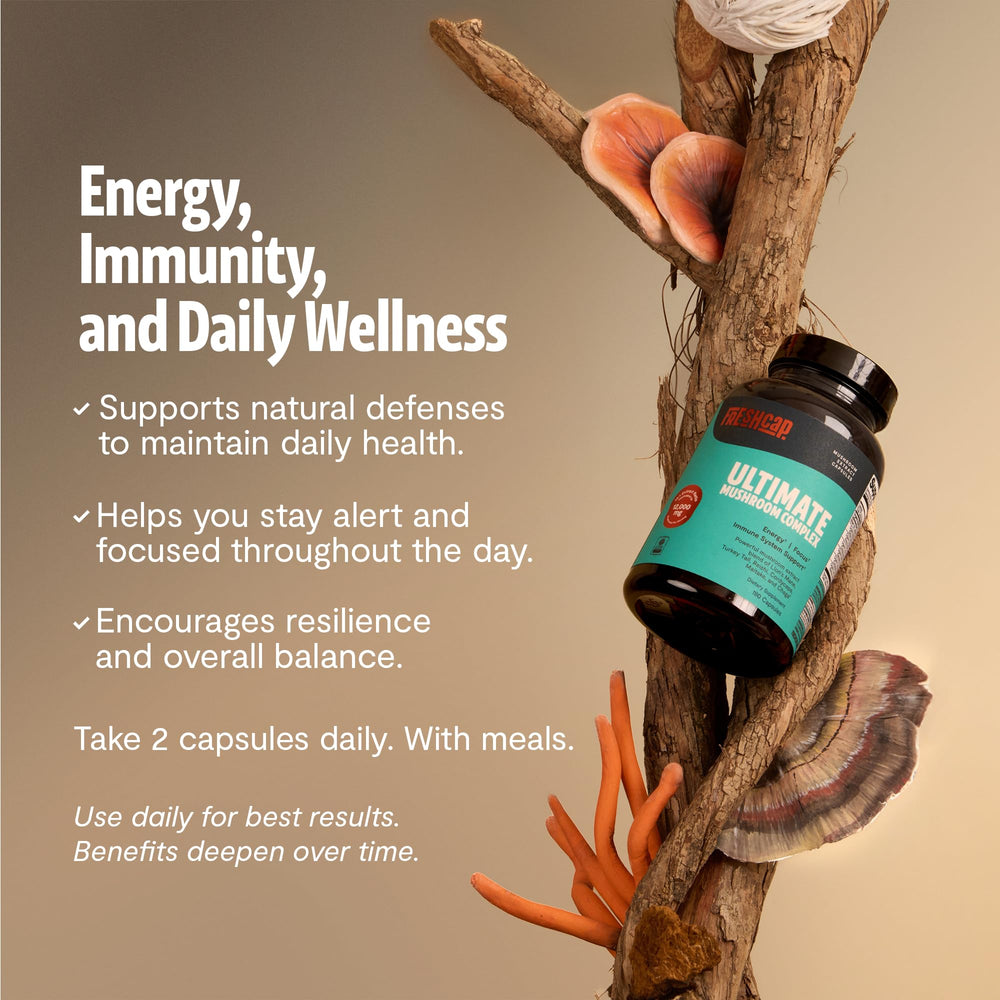FreshCap label closeup emphasizes organic ingredients and triple extraction