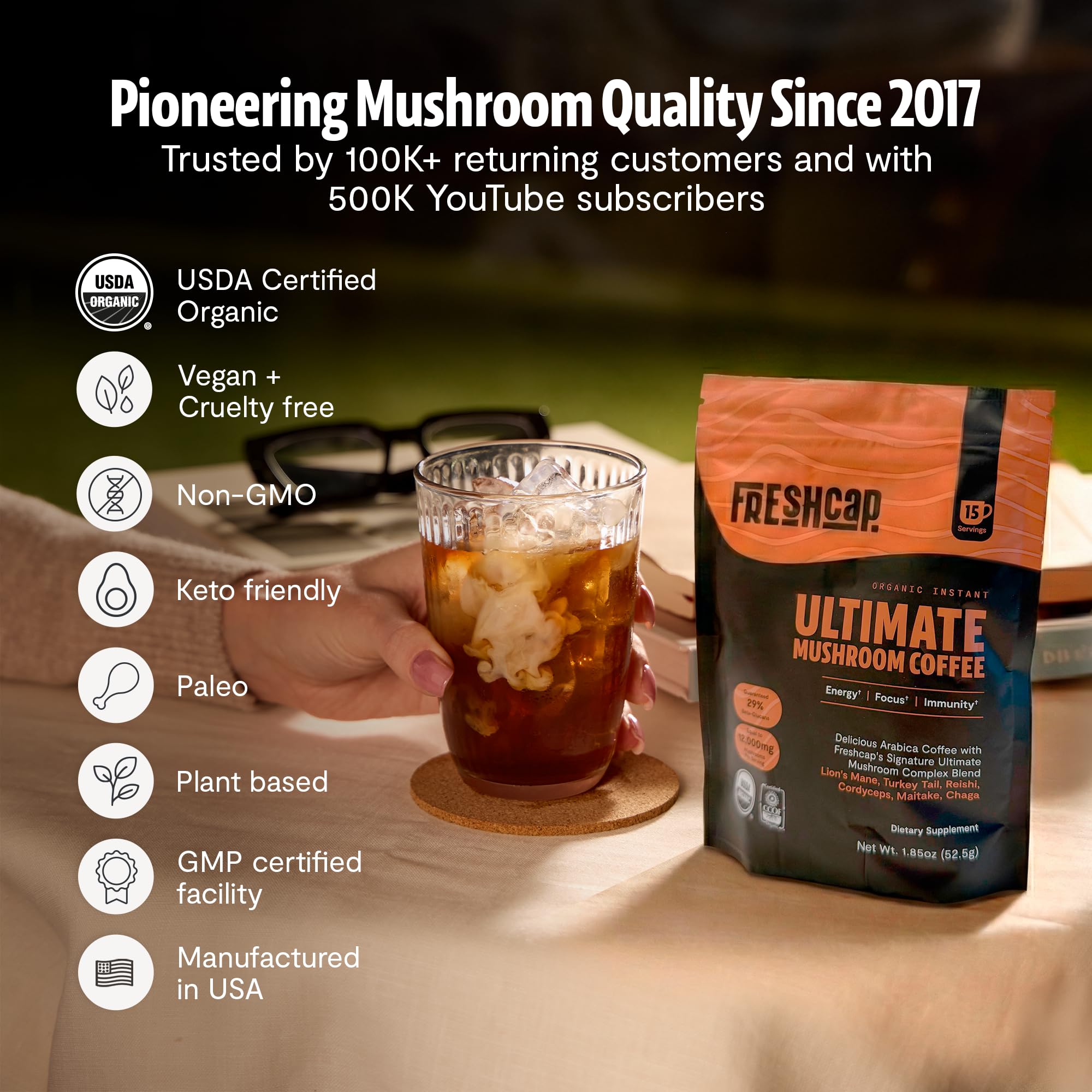 FreshCap Mushrooms bag listing 15 servings for ongoing supply