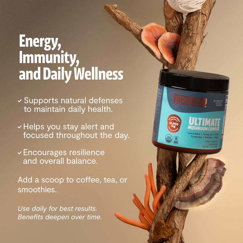 FreshCap Mushrooms Reishi, Cordyceps, and Chaga trio for balanced energy