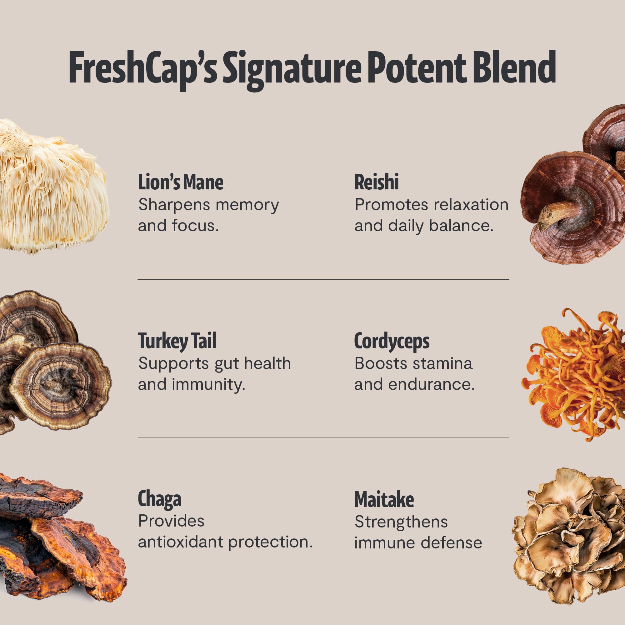 FreshCap Mushrooms cup with six-mushroom blend for balanced focus