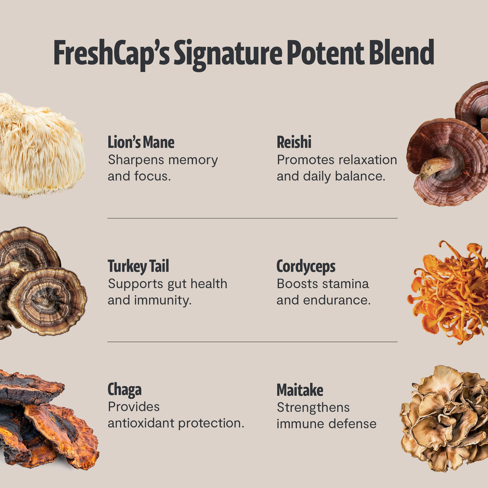 FreshCap Mushrooms cup with six-mushroom blend for balanced focus