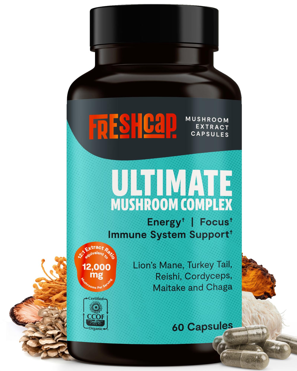 FreshCap Mushrooms Ultimate Mushroom Supplement bottle shows daily cognitive support.