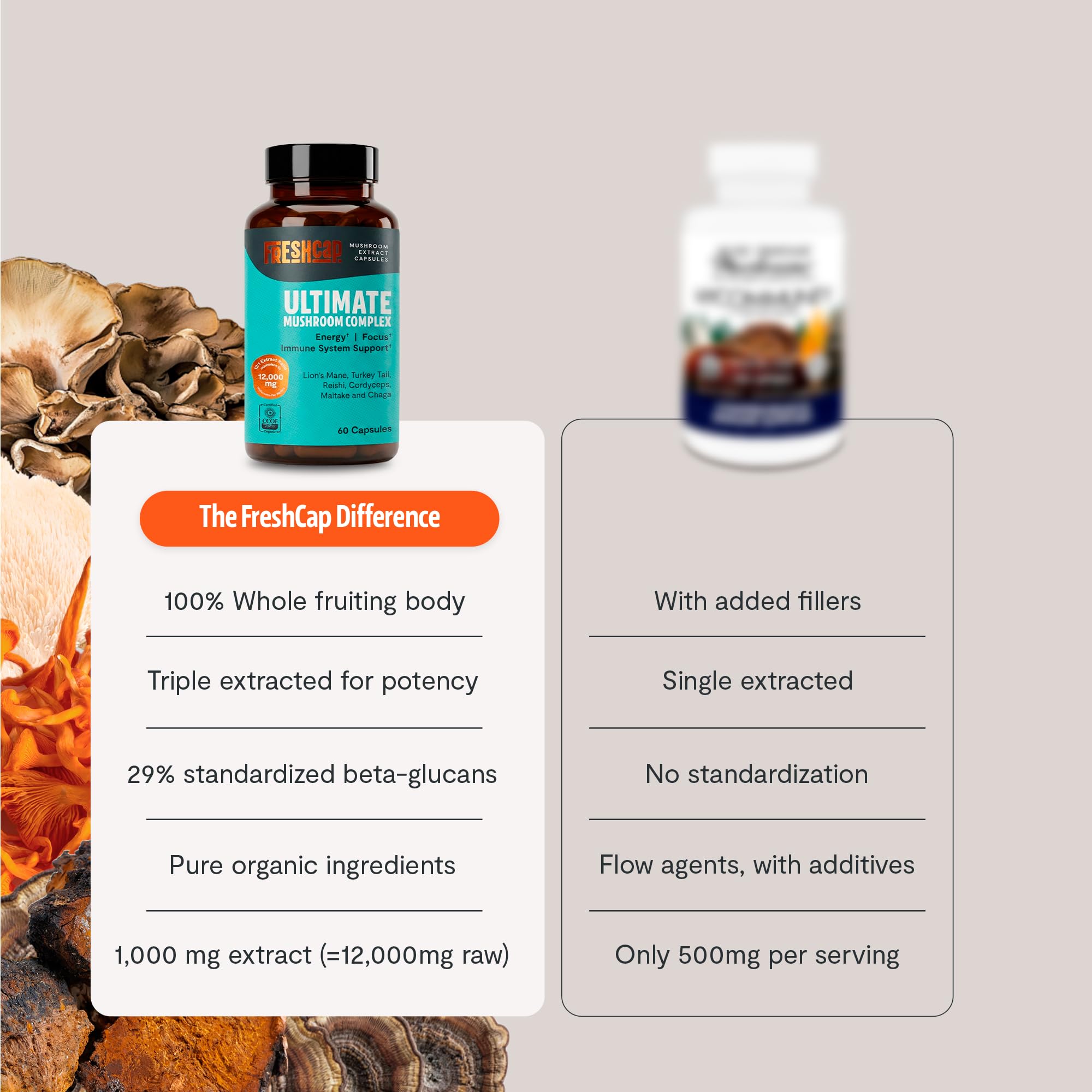 FreshCap Mushrooms daily-dose illustration implies a simple two-capsule routine.
