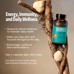 FreshCap Mushrooms daily-use bottle suggests easy, routine two-capsule daily dose.