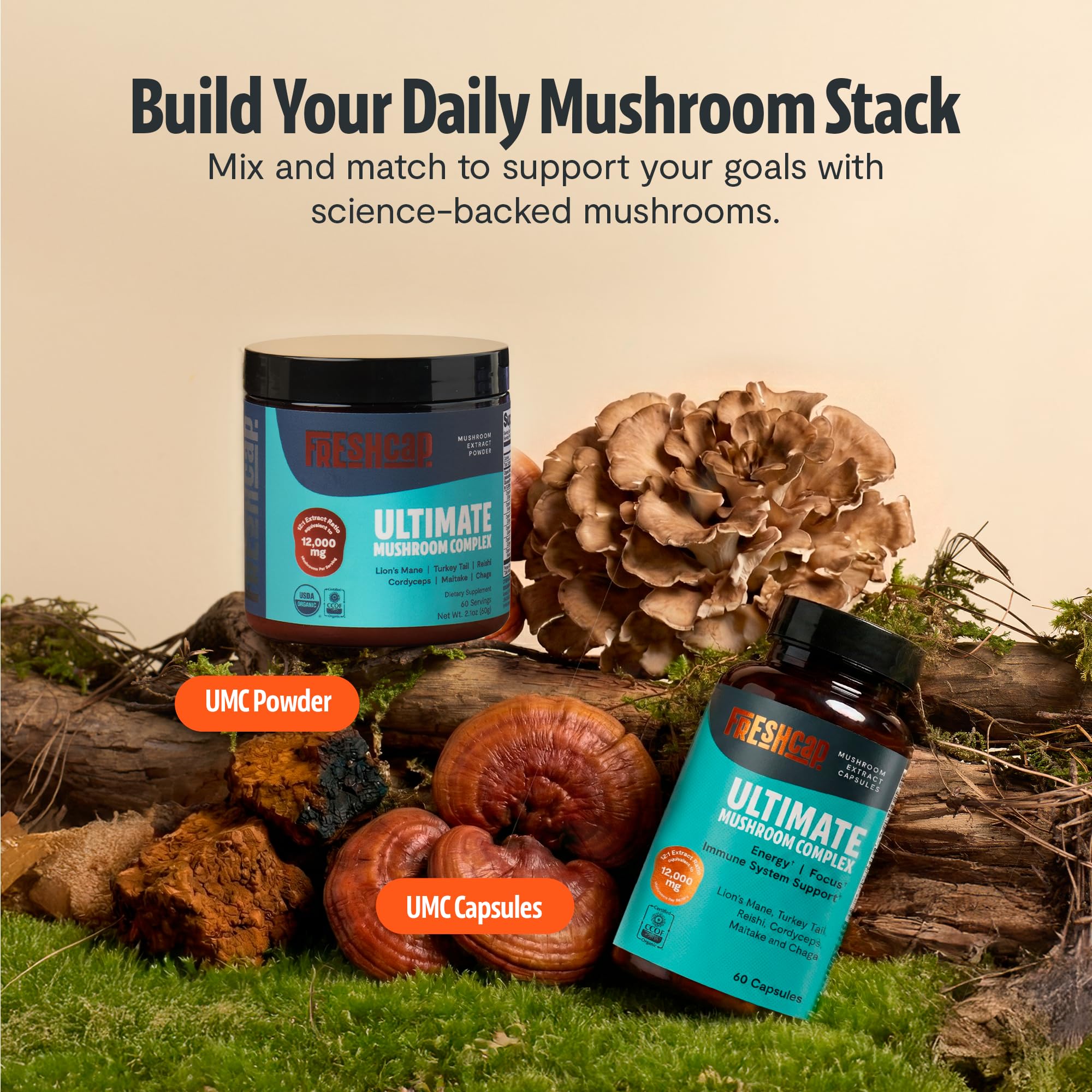 FreshCap Mushrooms packaging communicates eco-friendly, vegan, and gluten-free attributes.