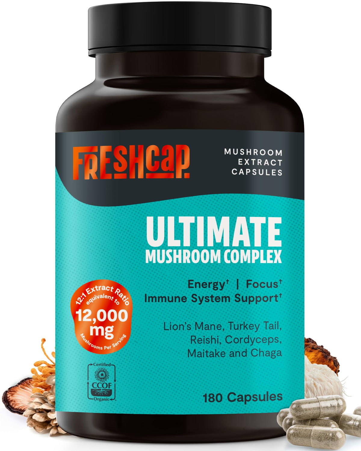 FreshCap Ultimate Mushroom Supplement bottle shown for daily immune and brain support