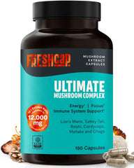 FreshCap Ultimate Mushroom Supplement bottle shown for daily immune and brain support